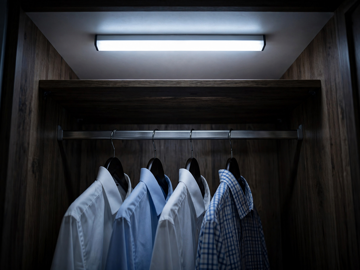 Rechargeable motion light bar lighting shirts inside a wardrobe