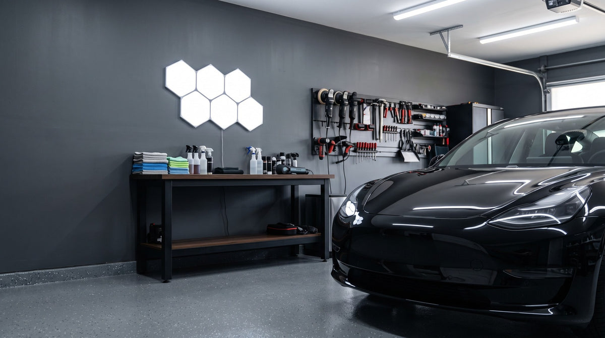 Six Aetheris Hexagon Light Panels glowing cool white above a workbench in a home garage