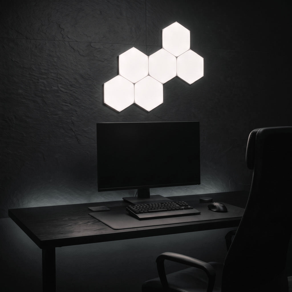 Six Aetheris Hexagon Light Panels in cool white on the wall above a desk and monitor