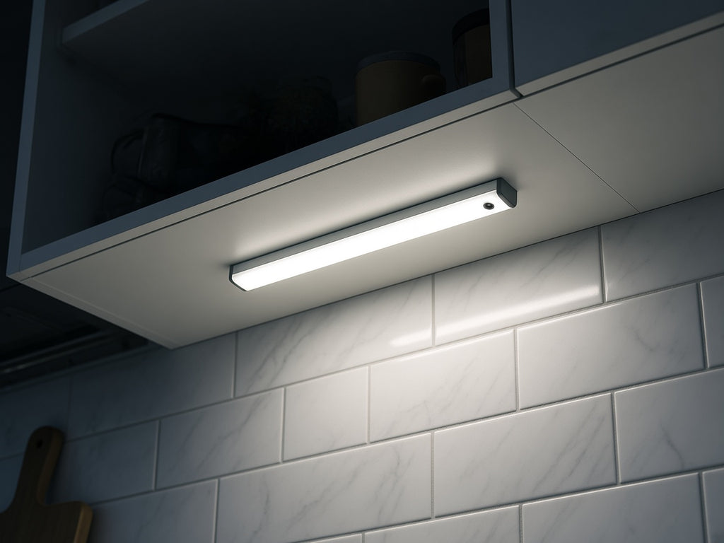 Rechargeable motion light bar mounted under a kitchen cabinet, lighting the backsplash in cool white