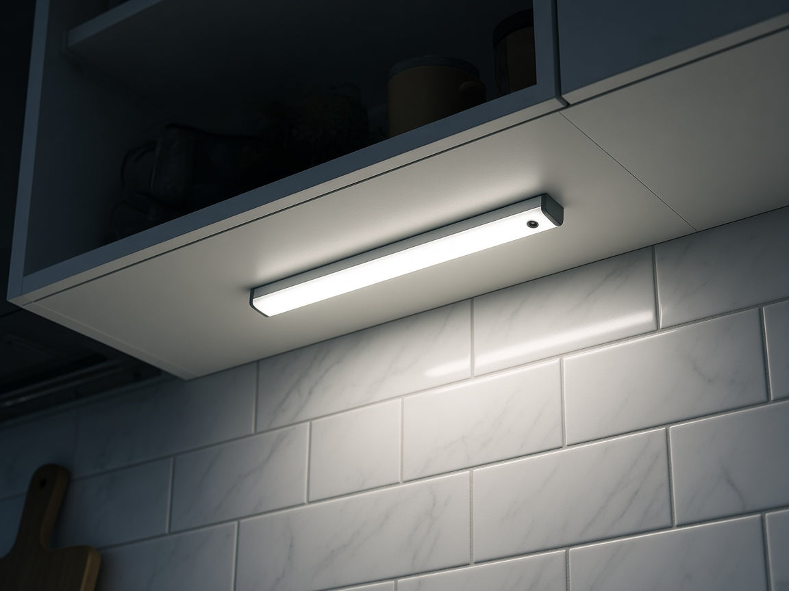 Rechargeable motion light bar mounted under a kitchen cabinet, lighting the backsplash in cool white