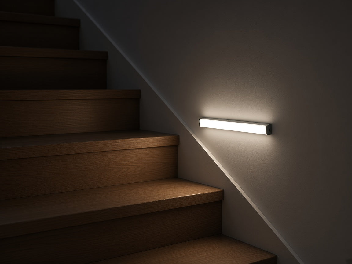 Rechargeable motion light bar on a wall beside stairs at night