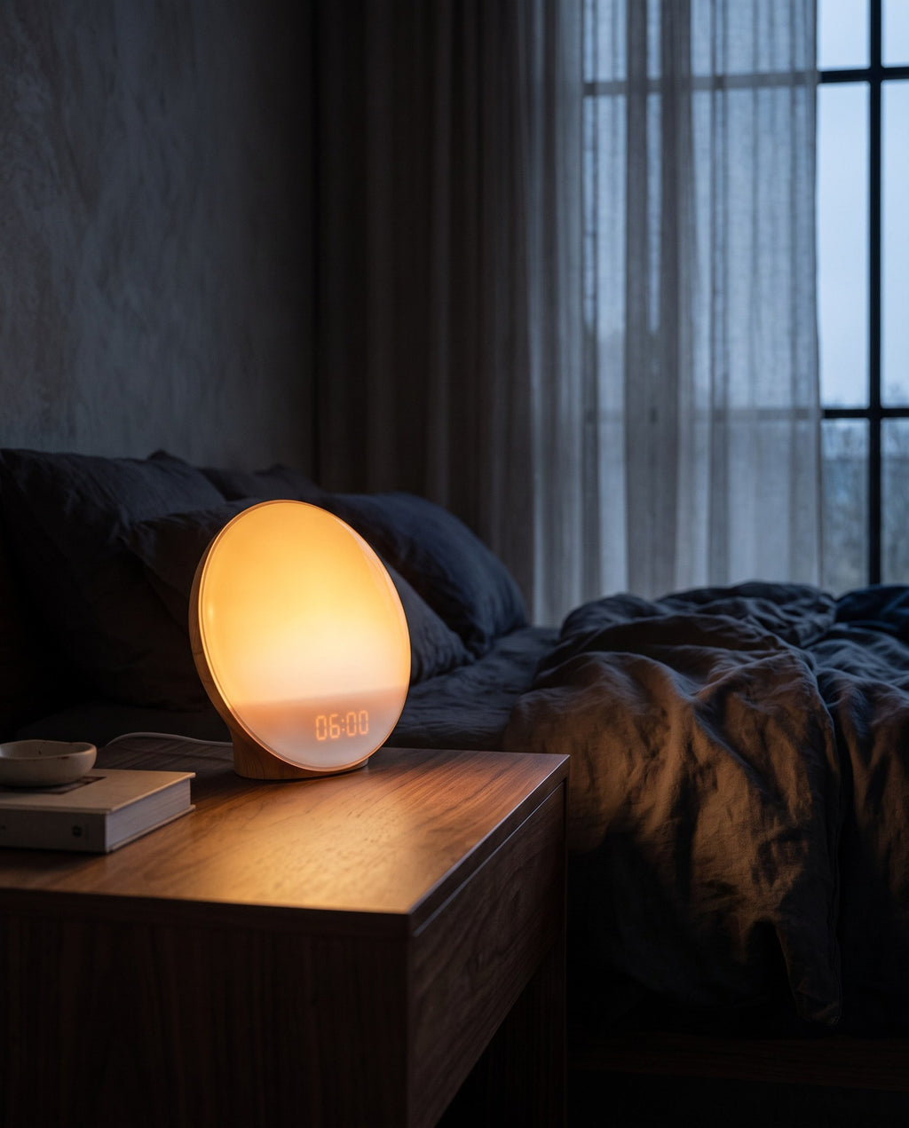 Aetheris Sunrise Lamp glowing warm on a wooden nightstand at dawn, LED clock showing 06:00