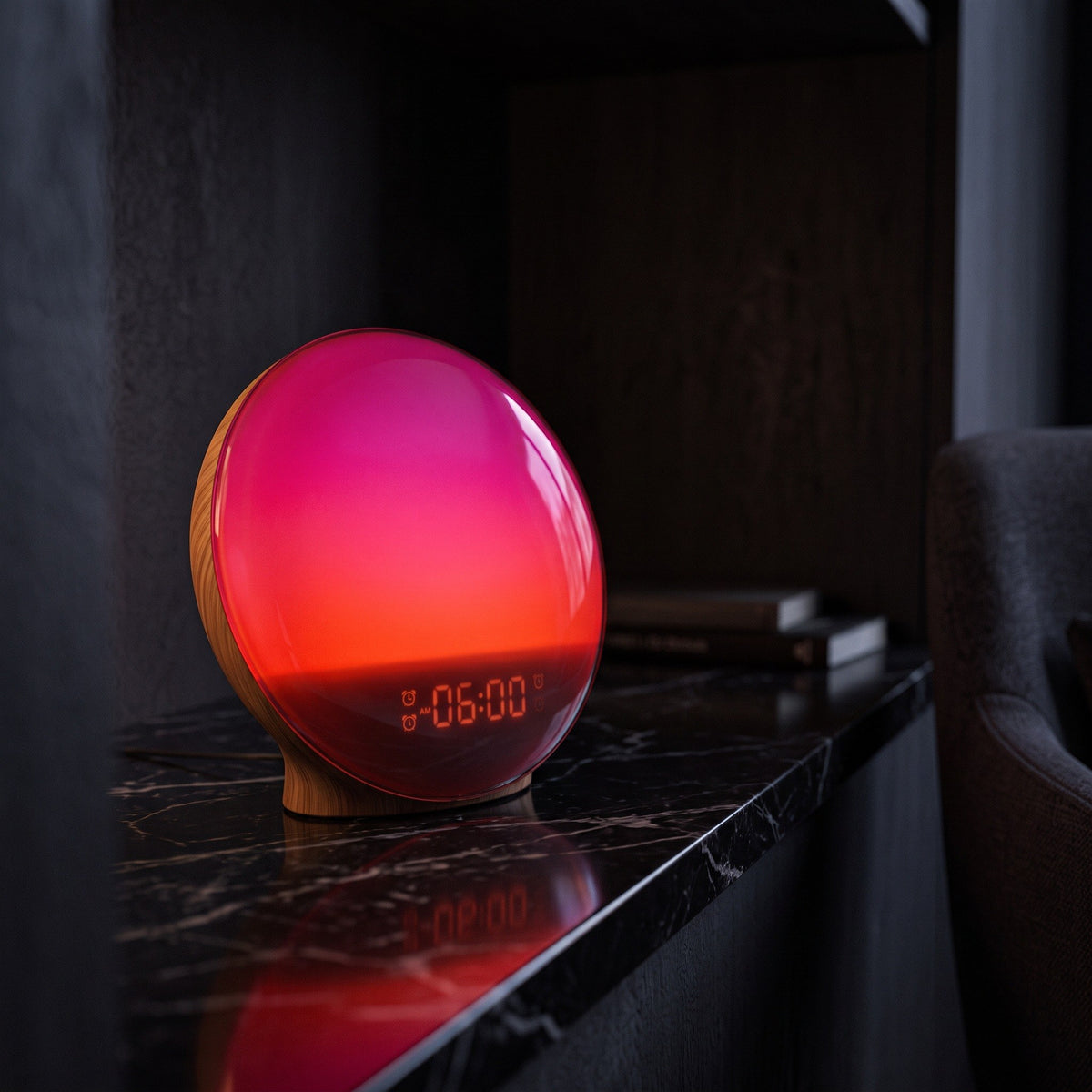Aetheris Sunrise Lamp showing a red-to-orange sunrise glow and LED clock on a marble shelf